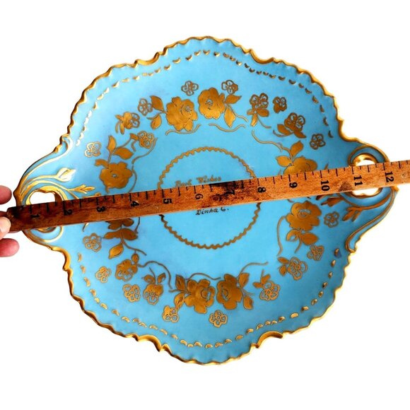 Hand Painted Vintage Cake Plate Handles Blue and Gold - Picture 8 of 10